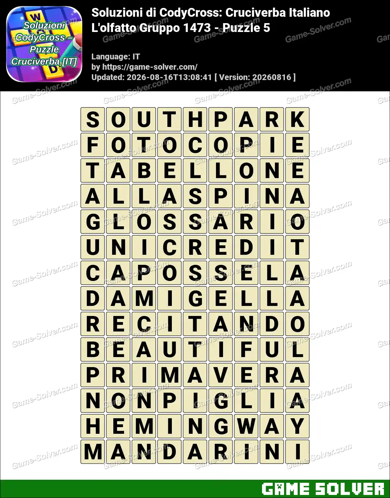 Soluzioni di CodyCross: Cruciverba Italiano L’olfatto Gruppo 1473 – Puzzle 5